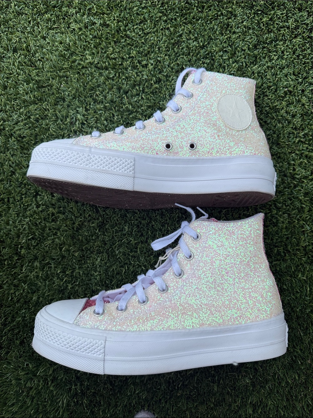 Converse All Star Pink and White Glitter High-Top Platform Sneakers